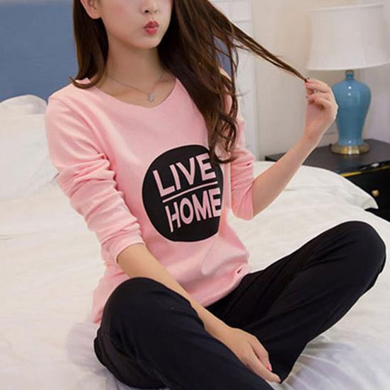 Casual Women Cartoon Animal Print O Neck Top Long Pants Pajamas Sleepwear Set