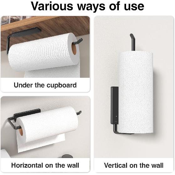 Paper Towel Holder Under Cabinet - Wall Mounted Paper Towel Holder No Drilling, Adhesive Under Cabinet Roll Holder, Black Kitchen Towel Holder, 31 x