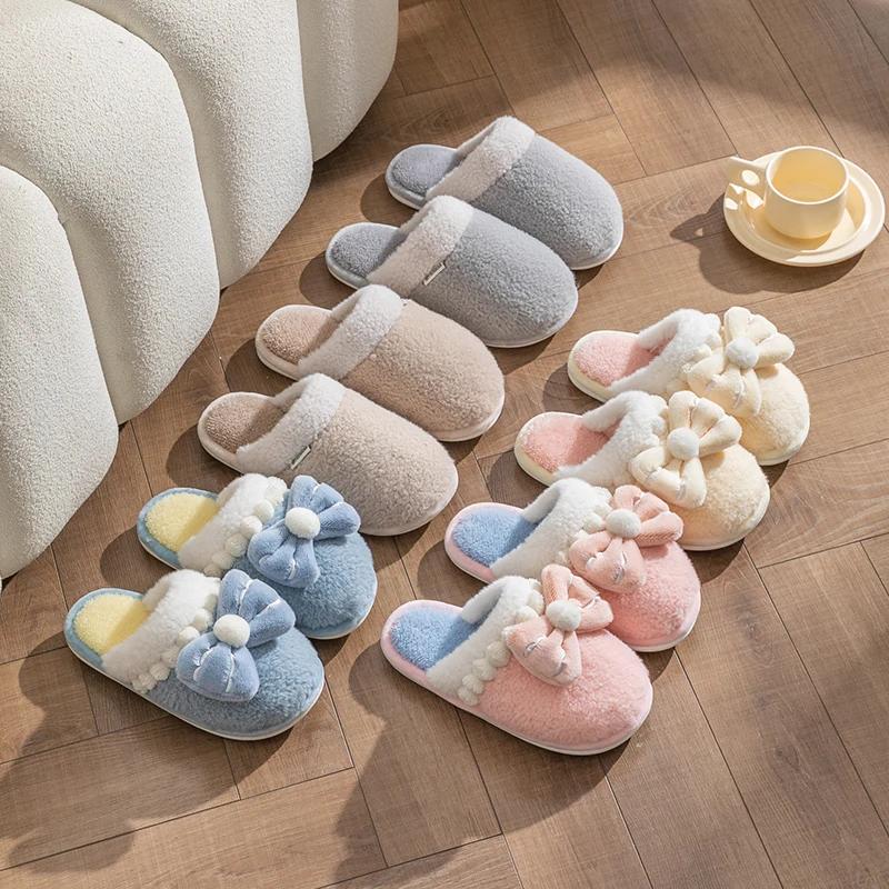 Fashion Casual Fluffy Slippers Women House Flats Fashion Winter Bowknot Designer Shoes Girls Home Plush Platform Elegant Footwear Warm
