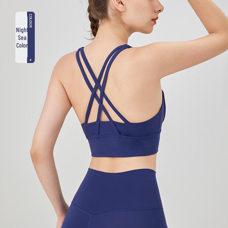 European-American Style Cross-Back Sports Vest: Shock-Absorbing Gathered Sports Bra & Nude Yoga Top for Women