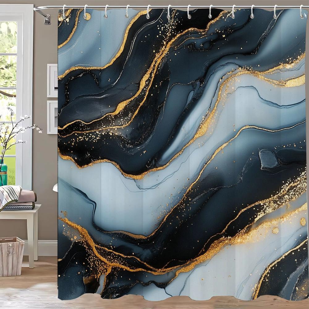 Abstract Marble Pattern Shower Curtain, Geometric Printed Bathroom Decorative Shower Curtain, Fabric Home Curtain with Hooks