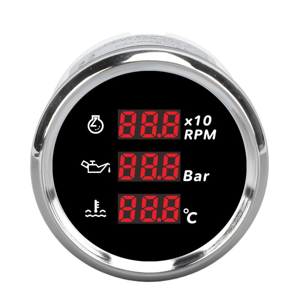 52mm Digitale Öldruck Wassertemperaturanzeige mit Hintergrundbeleuchtung 3 in 1 LED-Anzeige Drehzahlmesser für Boot Yacht Wohnmobil LKW