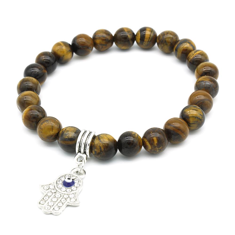 European-American 8mm Tiger Eye  Turquoise Bracelet with Fatima s Hand Pendant