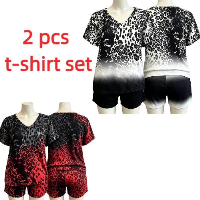 Summer European Streets Leopard Style Printed V-Neck Short Sleeved T-Shirt And Shorts Set Women's and Men's T-shirt Shorts Set