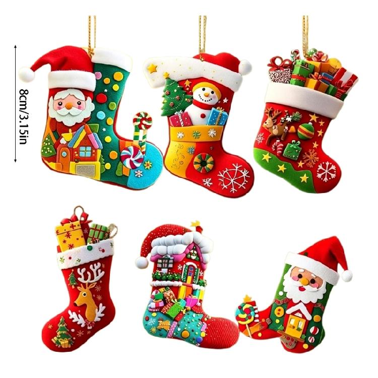 Holiday Hanging Touches Christmas Stocking Set, 6 Piece Acrylic Tree Trim with Assorted Seasonal Artwork for Tree Branch and Small Display Use