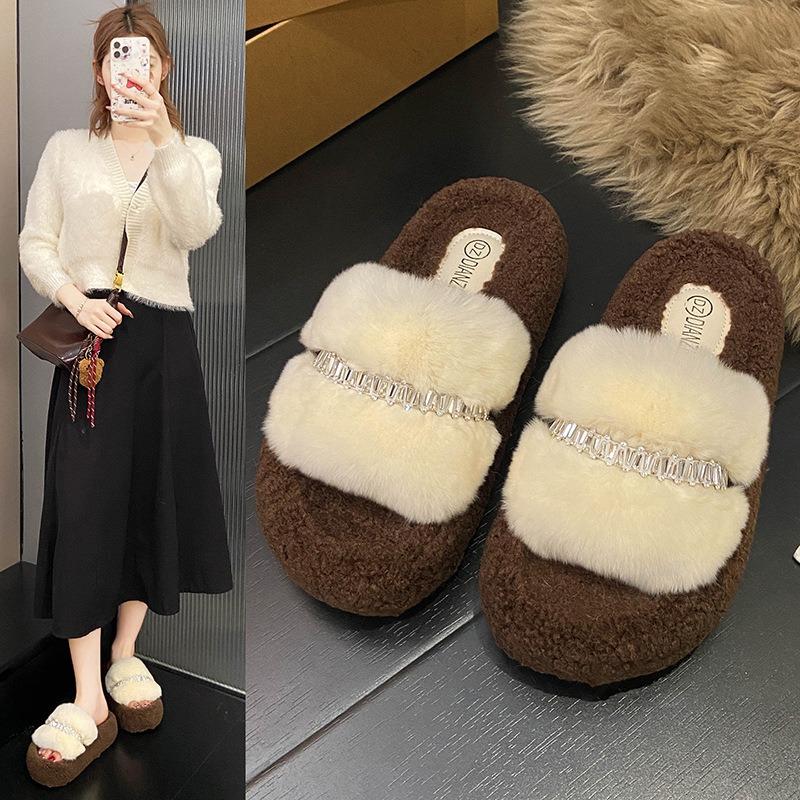 Thick-soled rhinestone fluffy slippers for women wearing new small trendy cotton slippers heightening shoes