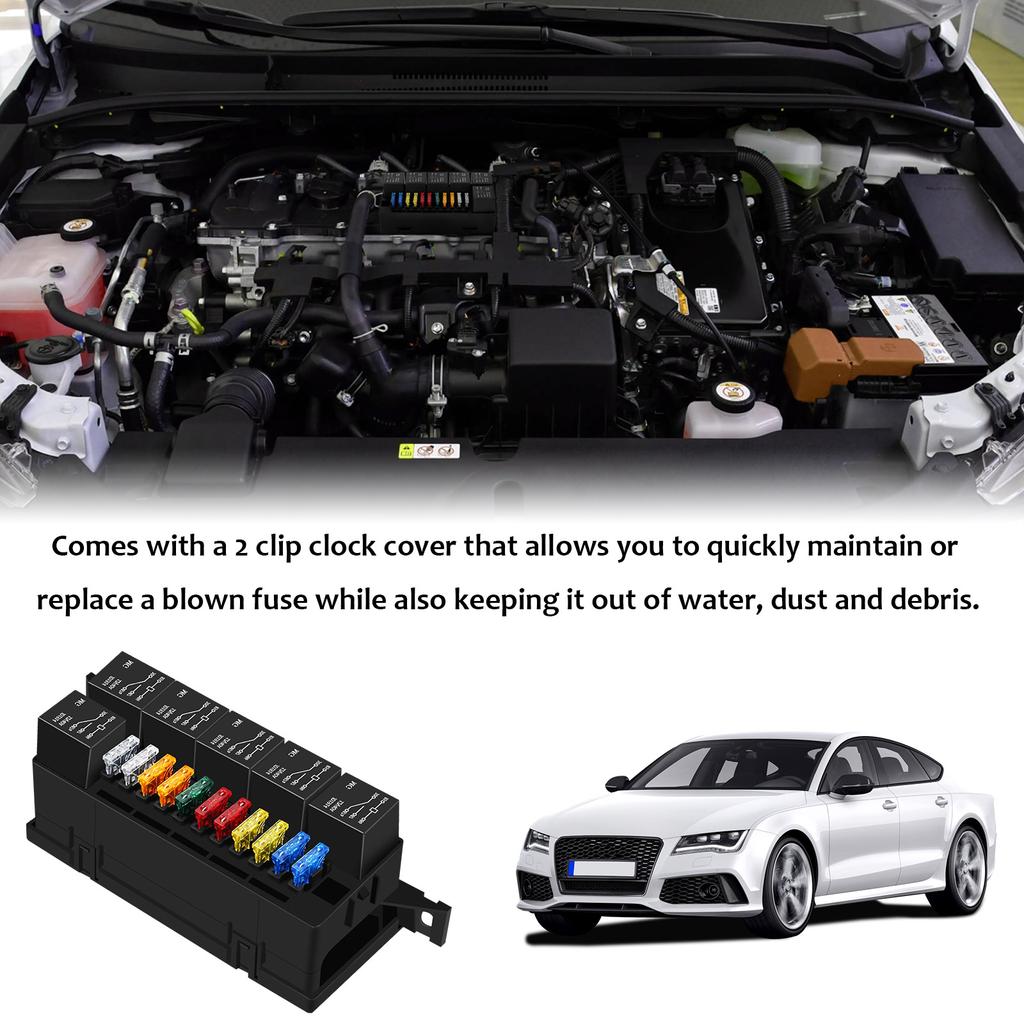12V Sicherungsrelaisbox-Kit 52 Crimpanschlüsse 11 ATC/ATO-Sicherungen und 6 Relais Wasserdichtes Auto-Sicherungsrelaisbox-Block für Auto LKW Wohnmobil Boot