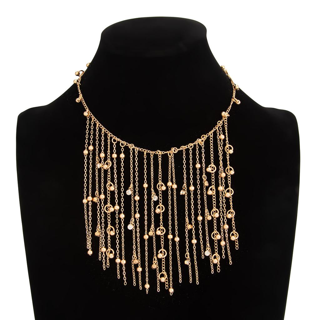 Waterfall Metal Bead Chain Fringed Necklace, Hip-Hop Fashion Rhinestone Hanging Ball Collarbone Necklace