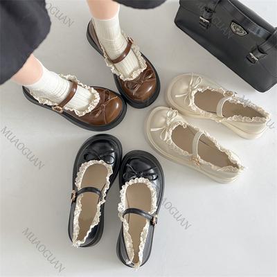 Franska Bruna Runda Klackar Tjocka Sula Lolita Skor Nya Vår Låg Skärning Mary Jane Enkla Skor Vardagliga Snörning Platt Sula Loafers