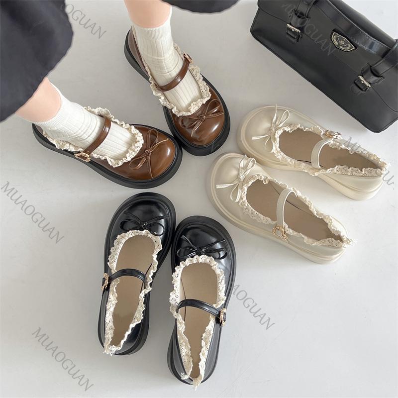 Fashion French Brown Round Head Thick Bottom Lolita Shoes New Spring Shallow Mouth Mary Jane Single Shoes Casual Lace Flat Bottom Loaers