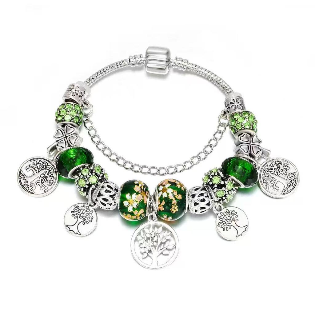 Fashion Life Tree Beaded Bracelet With Green Glass Beads For Womens Daily Wear