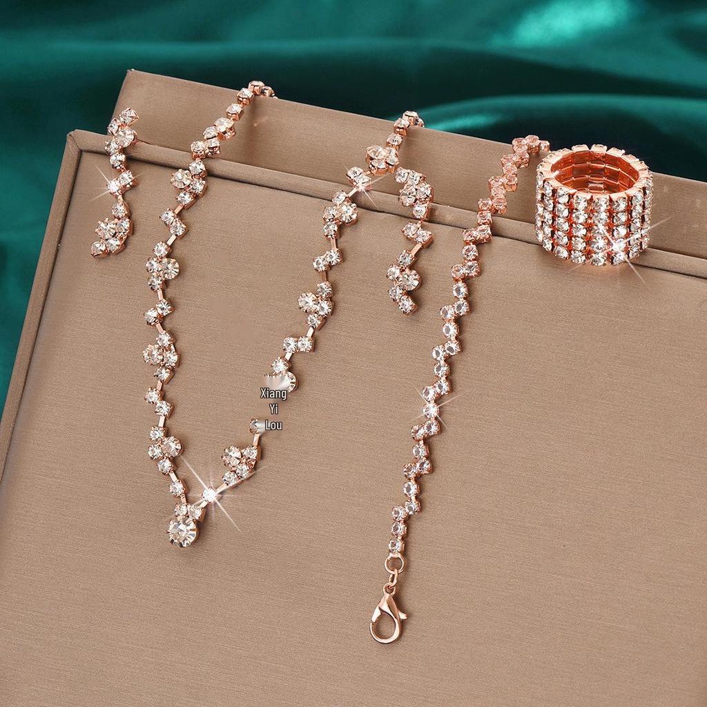 Versatile Rhinestone Jewelry Set: Necklace, Bracelet, Earrings & Ring
