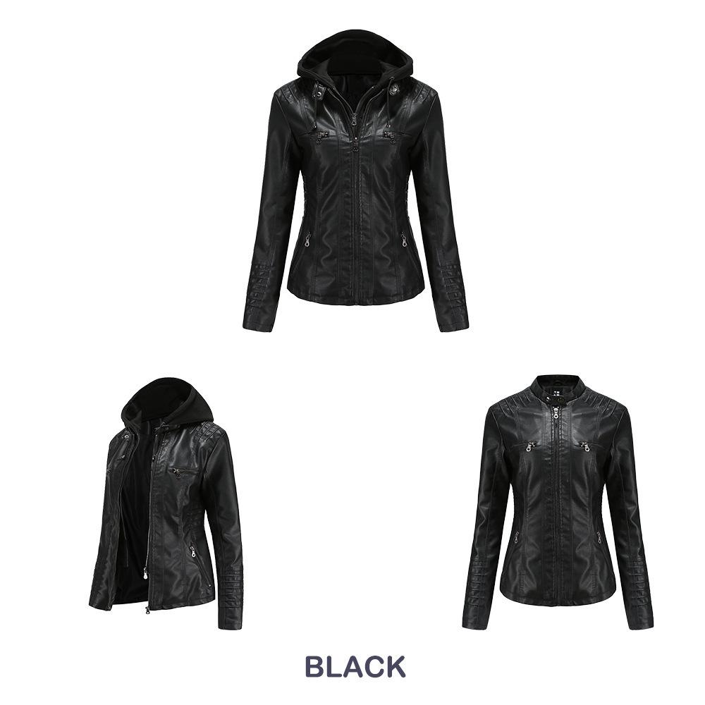 Women's Detachable Hooded Leather Jacket Set - European & American Style, PU Washed, Available in Large Sizes, Ideal for Spring & Autumn