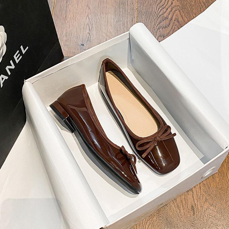 Red Bow Single Shoes Women's Flat Square Heel High Heels Black Shoes Shallow Mouth French Ballet Soft Sole Low Heel Women's Shoes