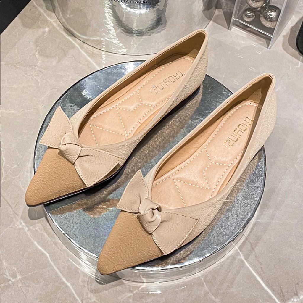 Flats Shoes for Women Comfortable PU Leather Flats Pointed Toe Dress Shoes With Bow-knot Women's Slip On Work Flats Ballet Flats Soft Walking Shoes