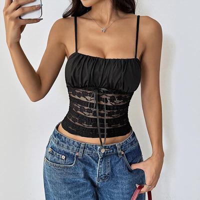 2026 Sommer Damen Sexy Schwarze Spitze Taillenbetonendes Spaghettiträger-Westen