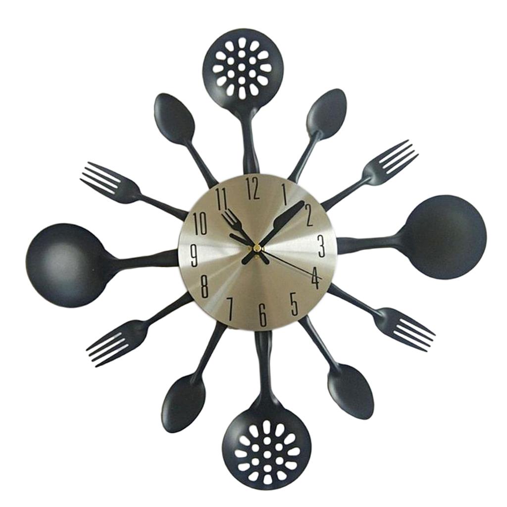 Creative Kitchen Wall Clock with Utensils Non-ticking Silent Wall Clock Round Stainless Steel for Home Decor