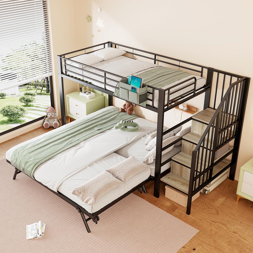 Etagenbett, 90 x 200 cm, 180 x 200 cm, Eisenrahmen, Ausziehbett-Design, Stofftasche, Treppenkonstruktionen mit Stauraum, ohne Matratze, schwarz