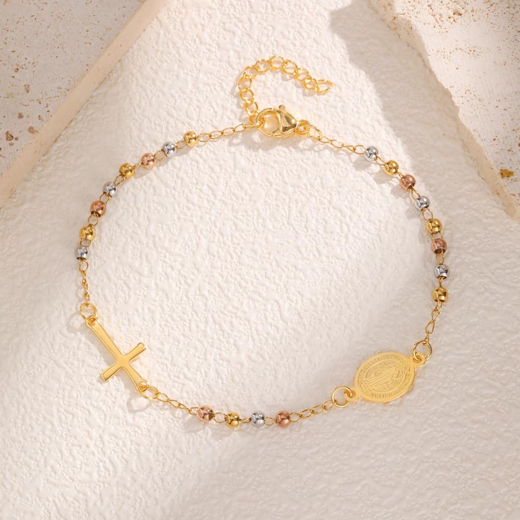 Heiliges dreifarbiges Rosenkranz-Kreuz-Armband für Damen, Edelstahl Goldfarbe Benedikt Runde Perlen Armbänder, Christentum Schmuck
