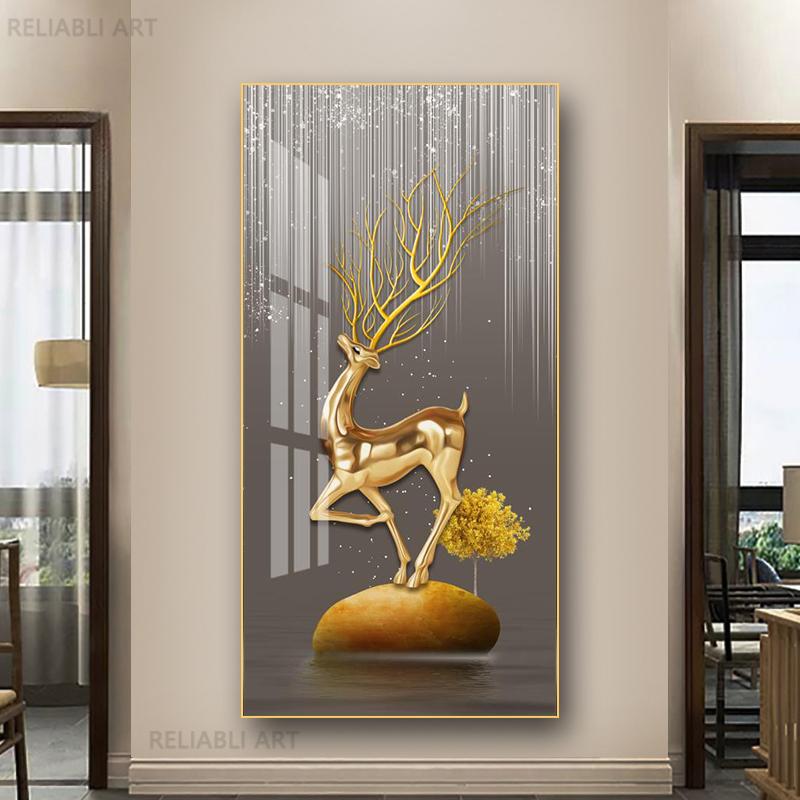New Chinese Fengshui Golden Deer Canvas Painting Abstract Zen Stone Posters and Prints Modern Luxury Wall Art for Porch Decor