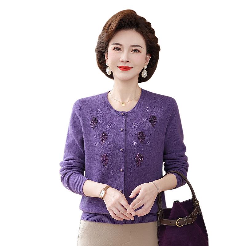 Mom's Elegant Embroidered Wool Cardigan - Stylish Knit Sweater for Middle-Aged and Elderly Women, Perfect for Spring and Autumn.