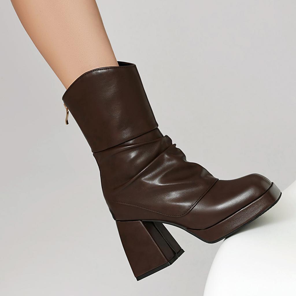 Concise Ankle Pleated Boots Women's Comfy Chunky Heels Shoes