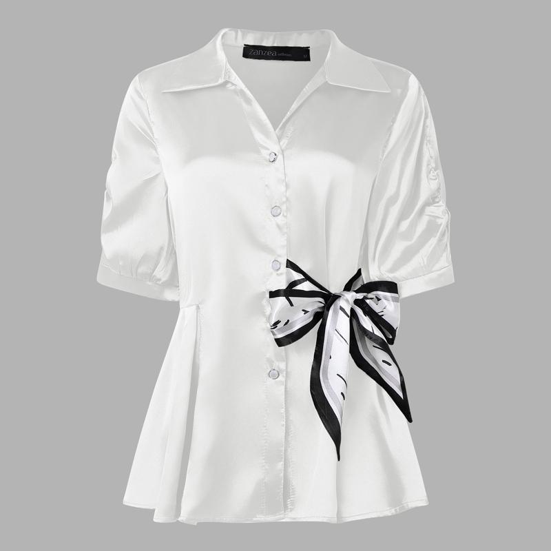 

ZANZEA Women Turn Down Collar Loose Casual Short Sleeve Patchwork Satin Blouse XL