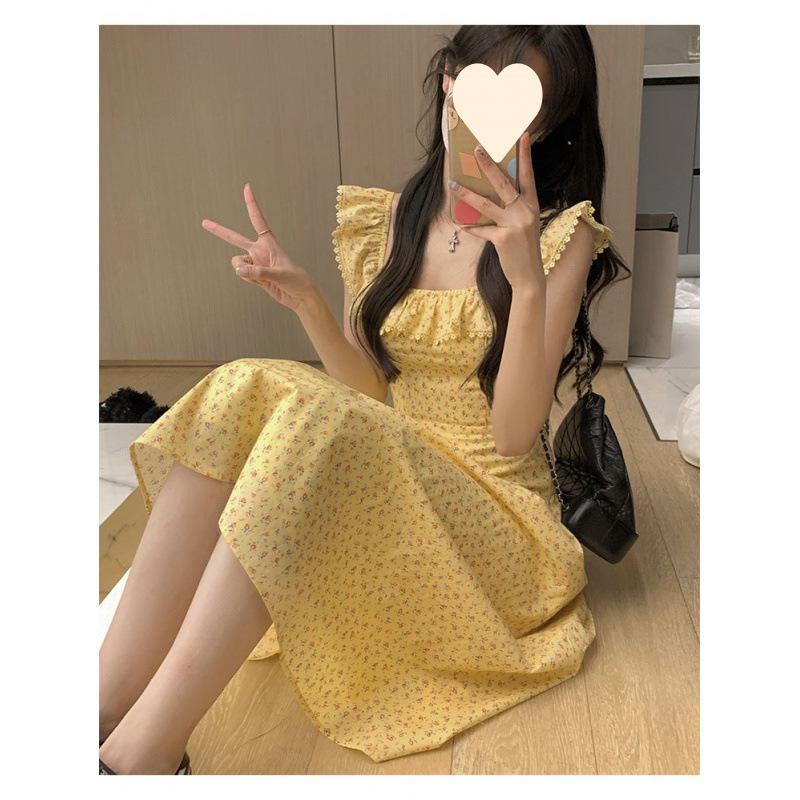 Gentle wind sweet age-reducing pastoral floral dress women's medium and long temperament square neck ruffle edge skirt