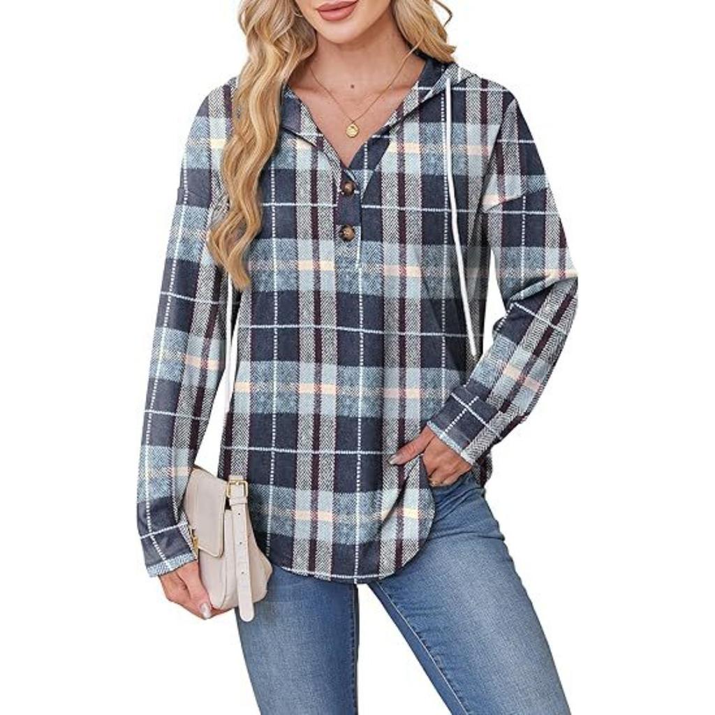 Women's V Neck Button Hooded Plaid Long Sleeve Pullover Sweatshirt, Europe America Fashion Casual Top for Crossborder