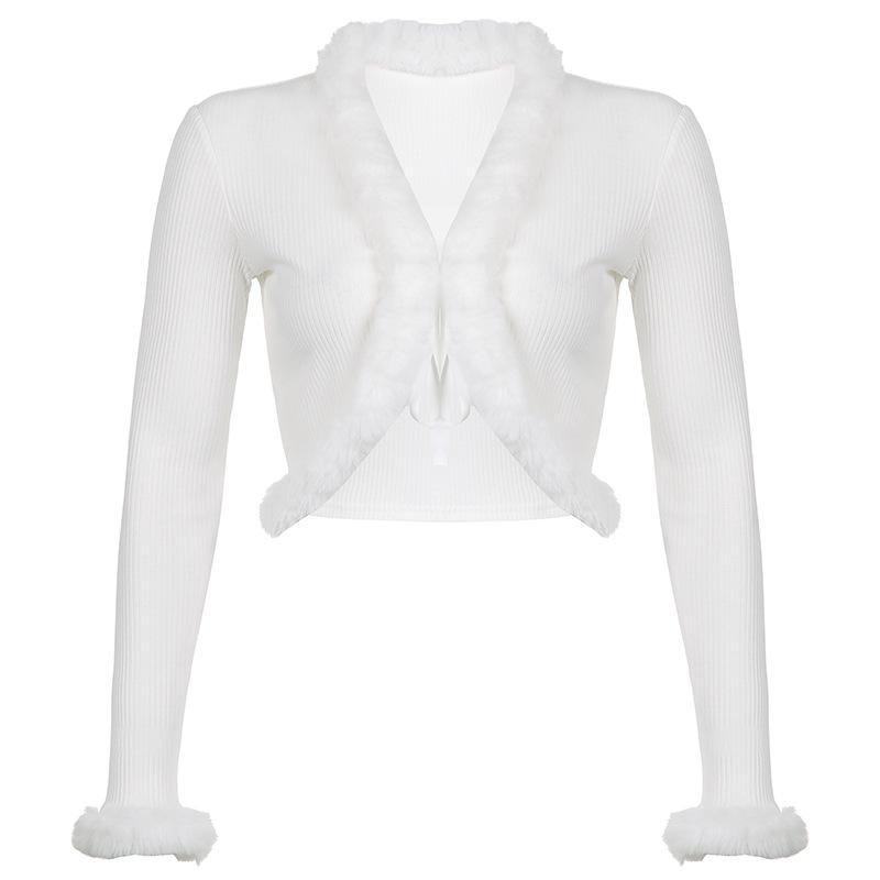 

Женский плюшевый вязаный кардиган на шнуровке, короткий облегающий топ с v-образным вырезом, топы с длинными рукавами S белый