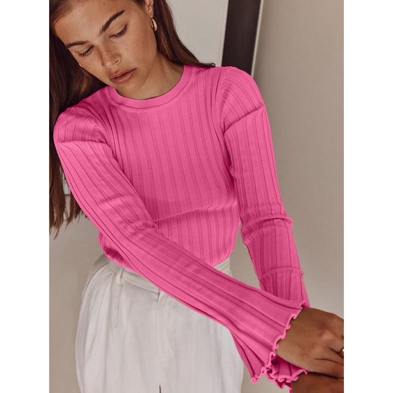 Women's Crewneck Knitted Sweater, Long Sleeve Pitted Stripe Base Layer, Solid Color Tight Autumn and Winter Top
