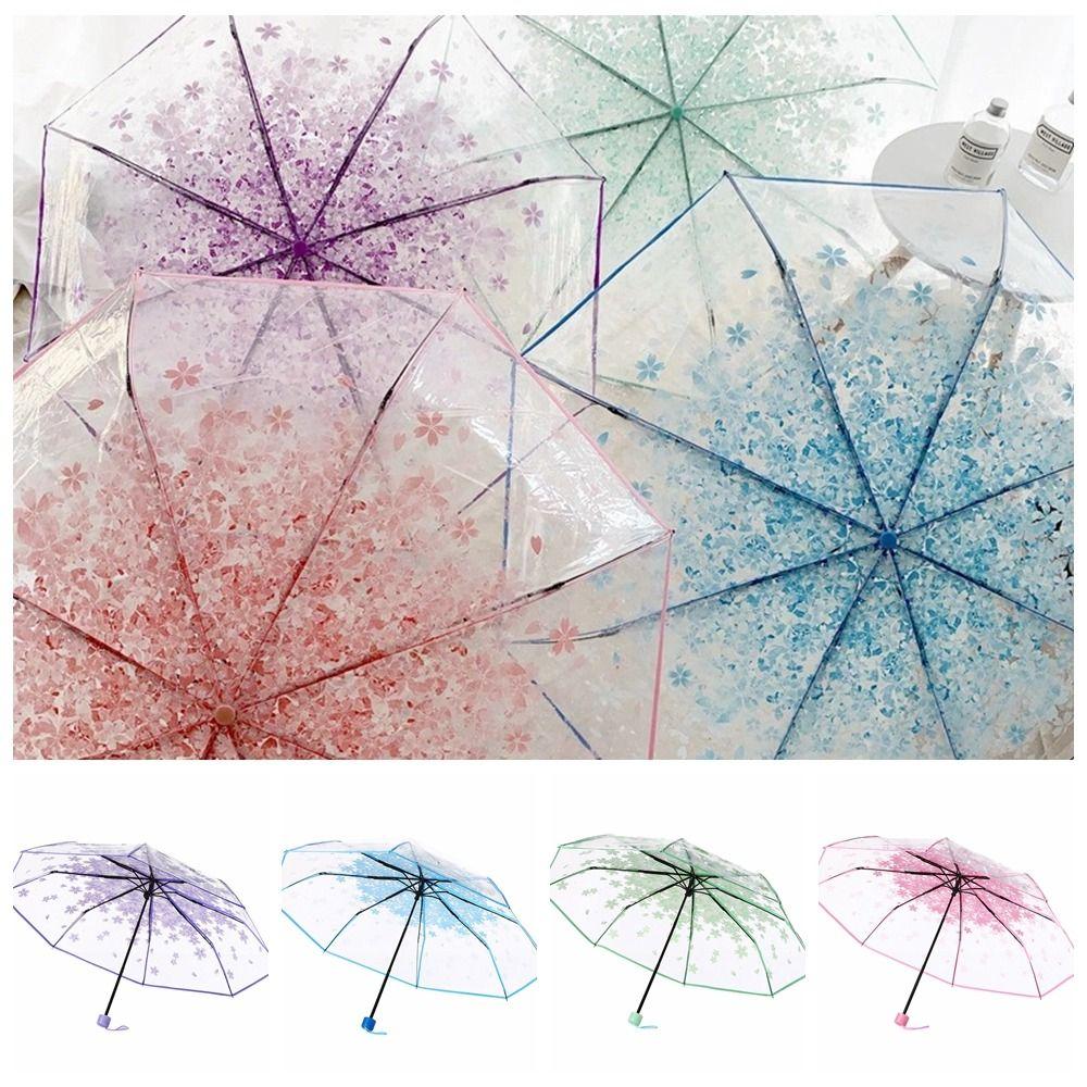 Windproof Cherry Blossom Transparent Umbrella Funny Manual Umbrella Folding Umbrella  Outdoor