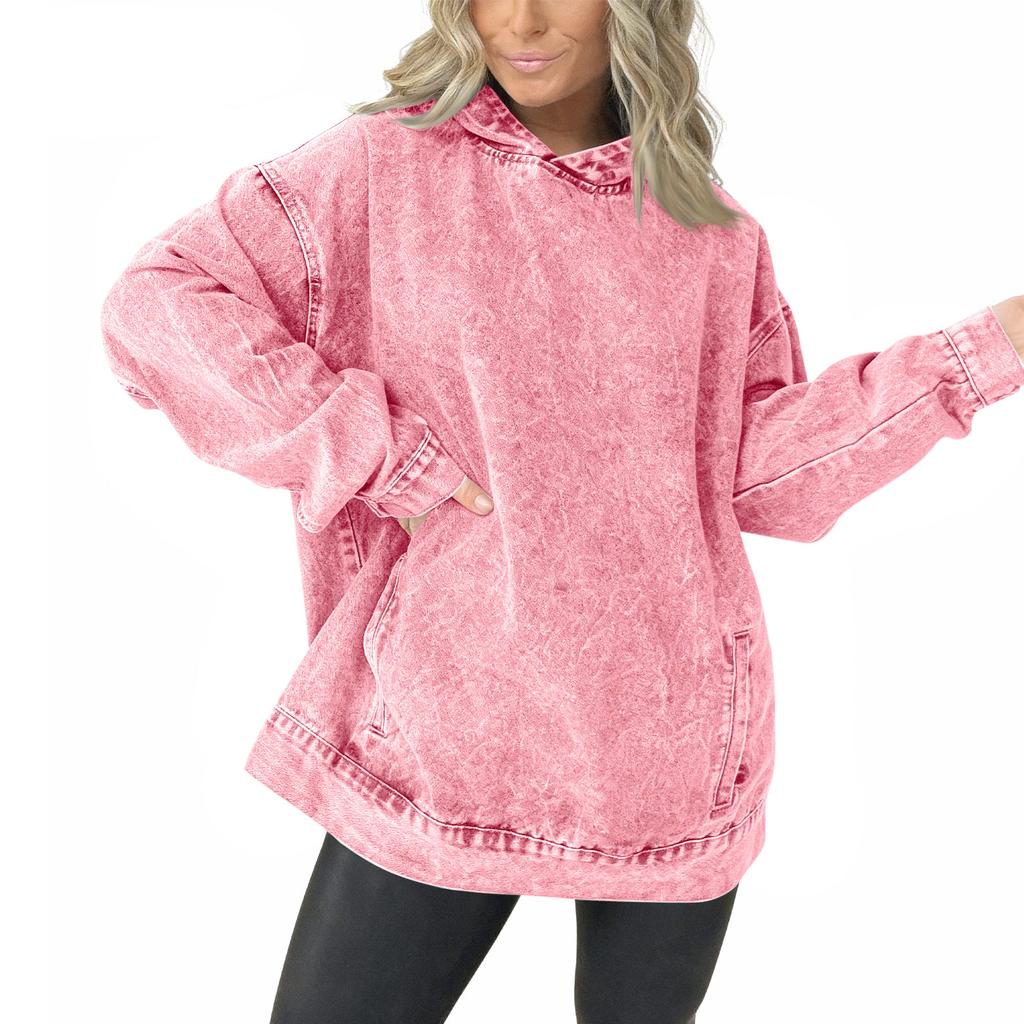 Women's Casual Pullover Denim Jacket Vintage Distressed Jean Hoodie Jacket Tops