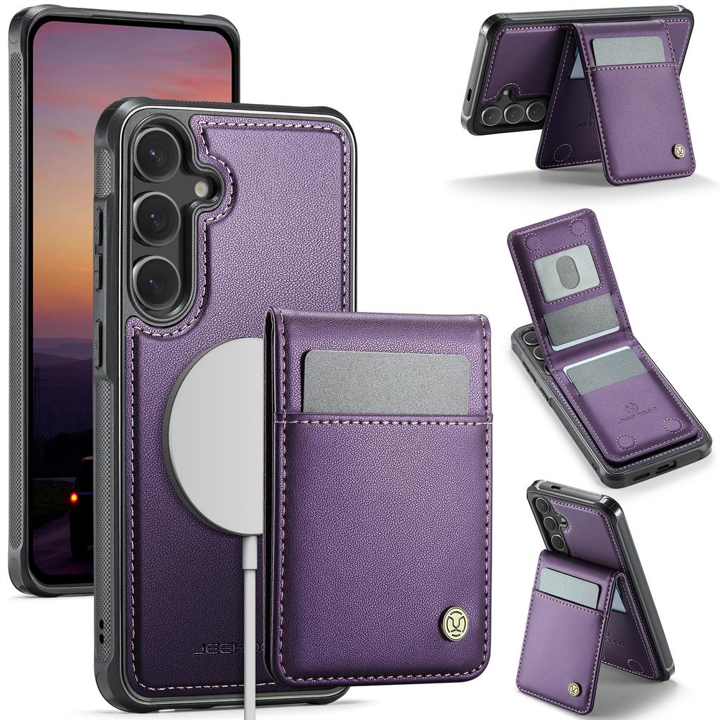 For Samsung Galaxy S26+ Leather Back Cover JEEHOOD J06 Magnetic Phone Case with Card Bag RFID Blocking