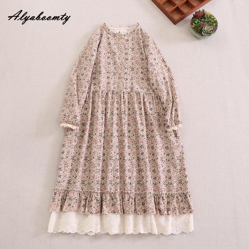 

Mori Girl, весенне-осеннее женское платье в стиле ретро с воротником-стойкой, синее, абрикосовое, кофейное, с цветочным принтом, хлопковое и льняное винтажное свободное платье миди One Size абрикосовый