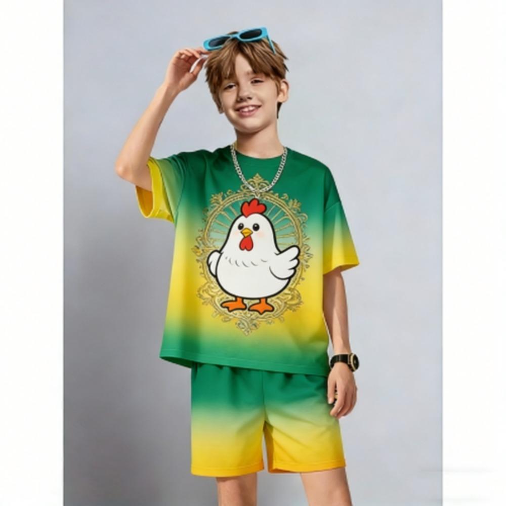Kids Set Fashion Cartoon Chicken Printed Kids T-shirt and Shorts 2 Piece Set Summer Casual Outdoor Boys and Girls Outfit Kids Clothing