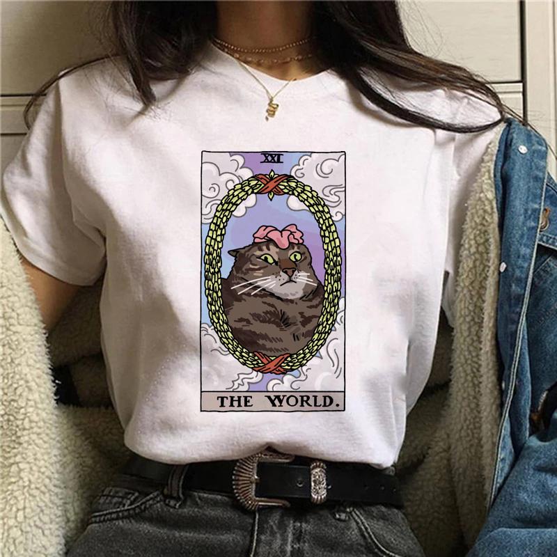 Magic In All Tarot Print T-Shirt Kawaii Magic Cat Printed Tshirt Astronomy Tee Shirt Top Aesthetic Women Hippie Bohemian Tshirt