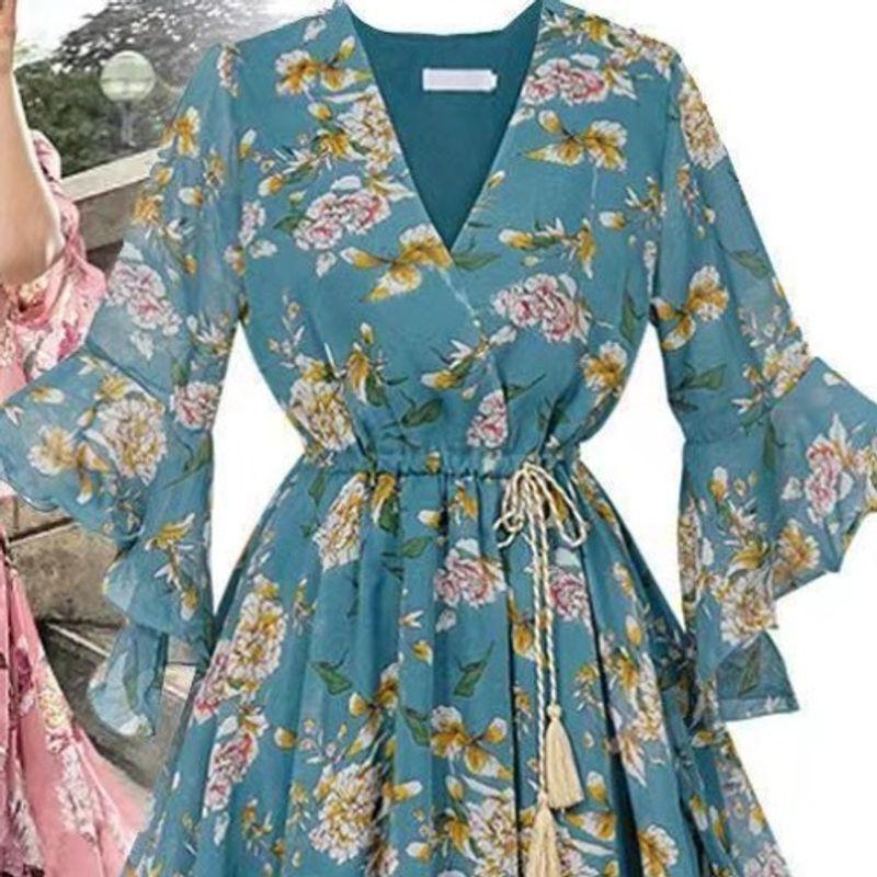 

Plus Size Women s Clothing Sweet Chubby Girl Fashion Summer V-neck Floral Waist Trimming Ruffles Bell Sleeve Mid-Length Dress Tide Blue 5XL