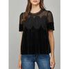 Women European Style Loose Embroidered Puff Short Sleeve Lace Patchwork Velvet Blouse