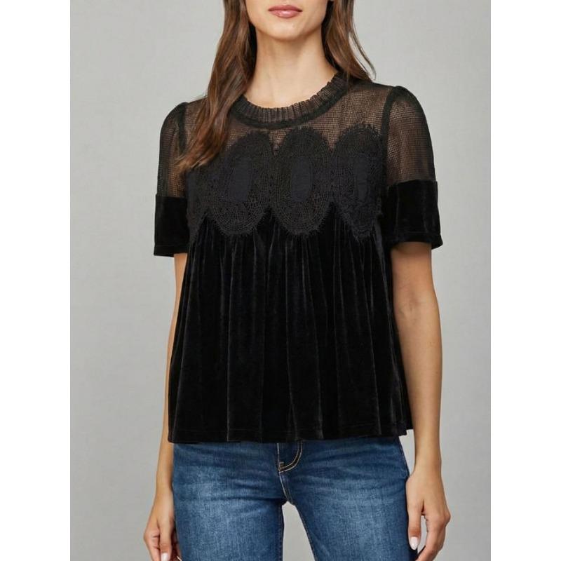Women European Style Loose Embroidered Puff Short Sleeve Lace Patchwork Velvet Blouse