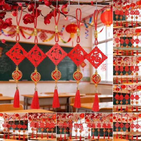 Chinese New Year Decorations Wooden Plaque Ornaments with Tassels Red Lucky Fu Pendant for Indoor Bonsai Plants Spring Festival Home Office Decor