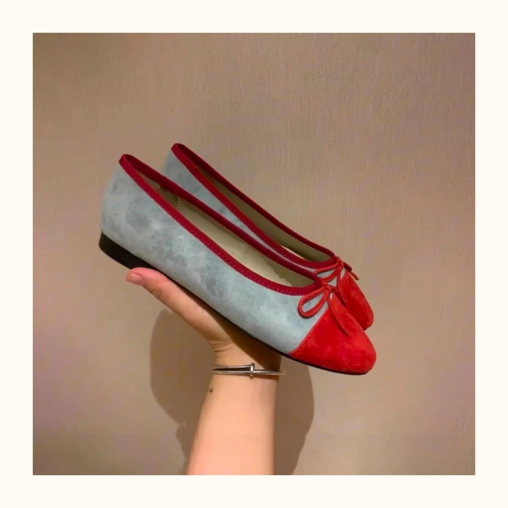 

Cowhide version~ Korean version of color matching round head suede bow flat-bottomed Mary Jane single shoes women s one-pedal ballet shoes 35