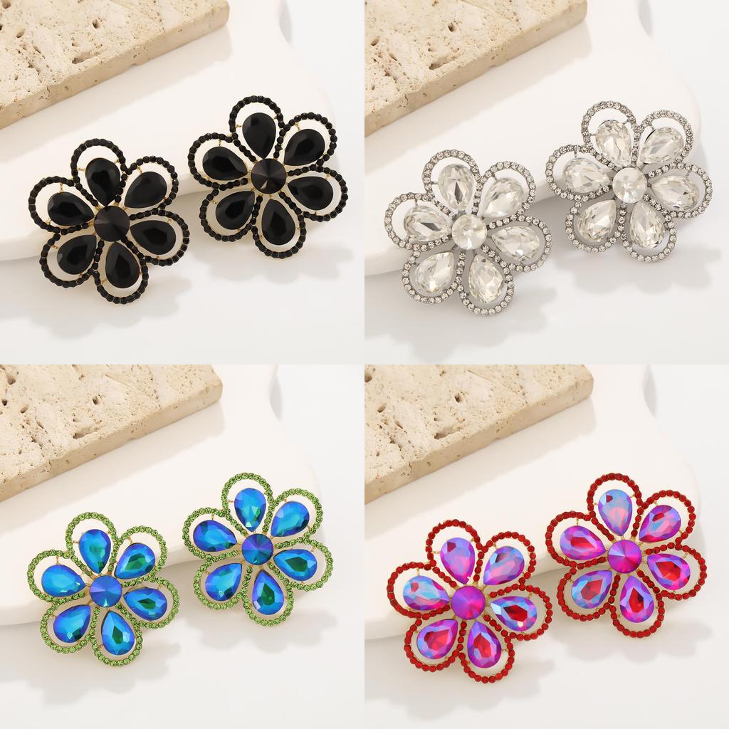 Elegant Flower Earrings With Full Rhinestones For Party And Evening Wear