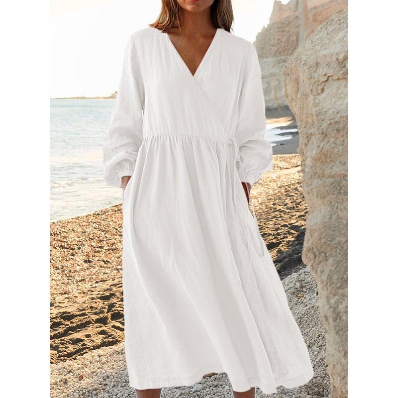 Damska lniana sukienka z wysokim stanem, luźny krój, gładki kolor, prosty styl, letnia sukienka midi