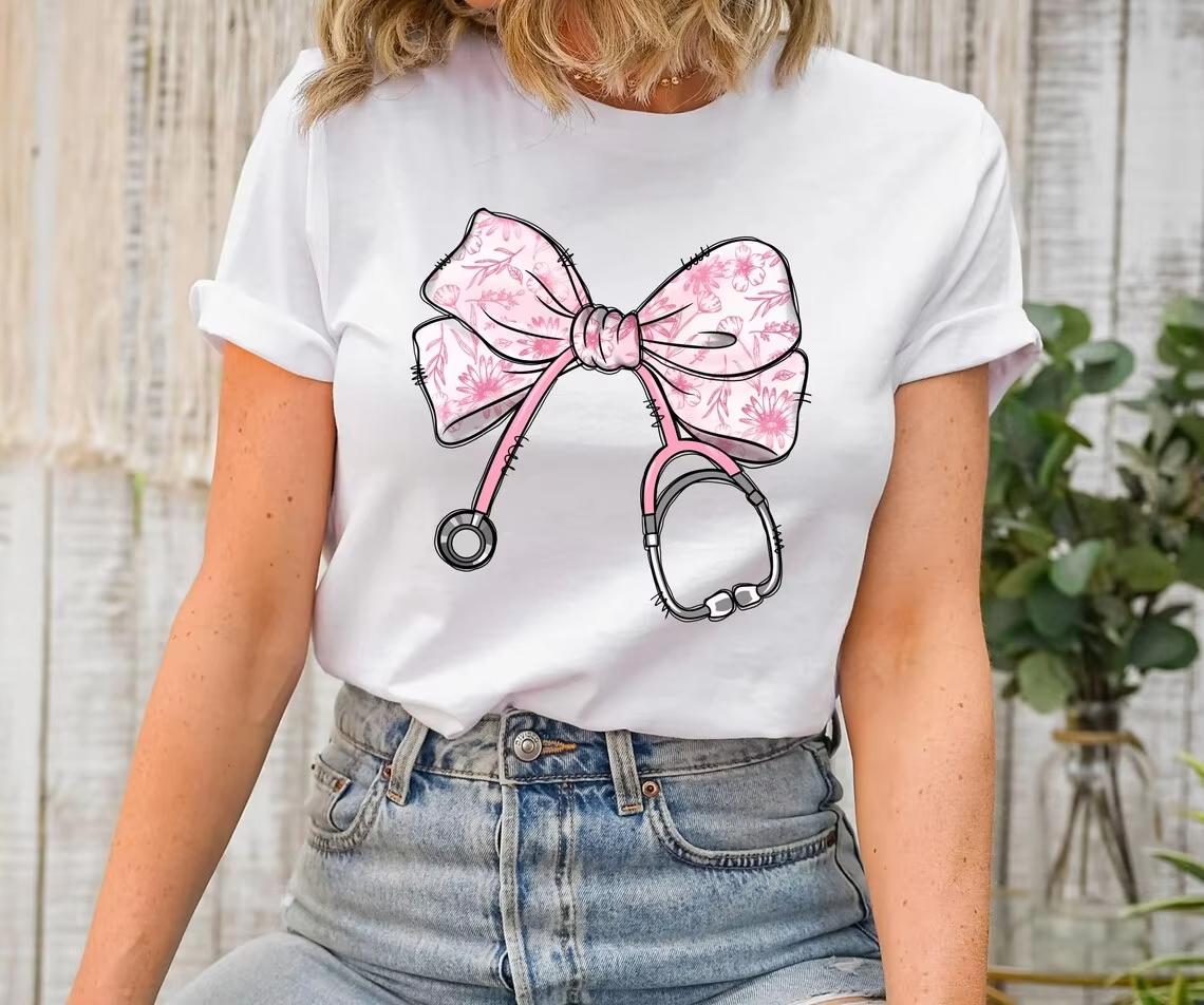 

Nurse Toile Stethoscope Bow ShirtGift for NurseNurse Coquette Shirt Healthcare Professionals Shirt Nurse Ribbon Shirt Tops 4XL