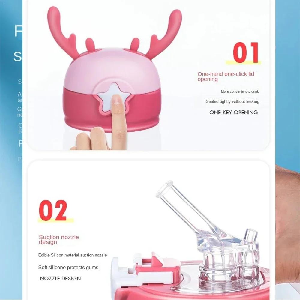 600ml Kids Water Sippy Cup Antler Creative Cartoon Baby Cups with Straws Leakproof Water Bottles Outdoor Childrens Cup