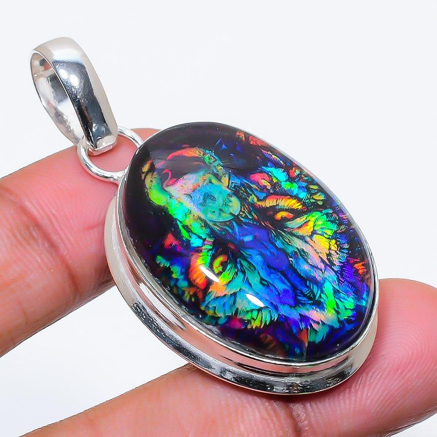 Natural Dichroic Glass Gemstone 925 Sterling Silver Jewelry Pendant 2.05" AP-16492