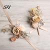 European Forest Style Corsage Rose Bud Wedding Flower Set, Wrist for Bride Bridesmaid Light & Boutonniere Groom Groomsman, Artificial Silk Floral
