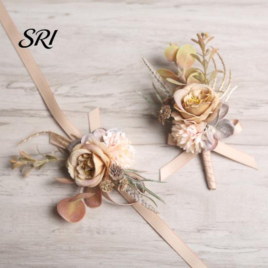 European Forest Style Corsage Rose Bud Wedding Flower Set, Wrist for Bride Bridesmaid Light & Boutonniere Groom Groomsman, Artificial Silk Floral