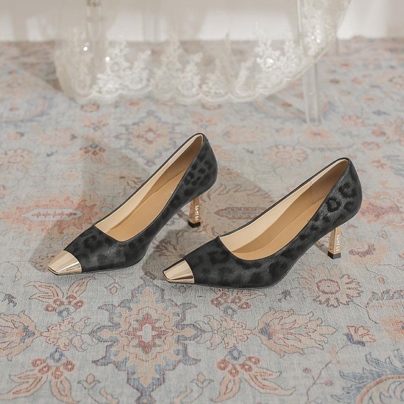 French Single Shoes Women's Fine Heels Spring and Autumn 2025 New Versatile Metal Head Leopard Print Retro Temperament Light Mouth High Heels